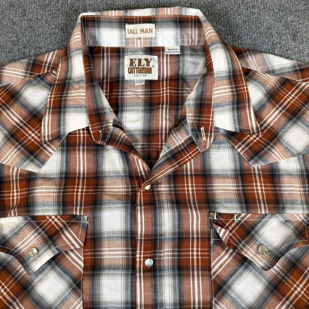 Ely Cattleman Mens XXLT Brown Plaid Western Pearl Snap Shirt Tall #3090